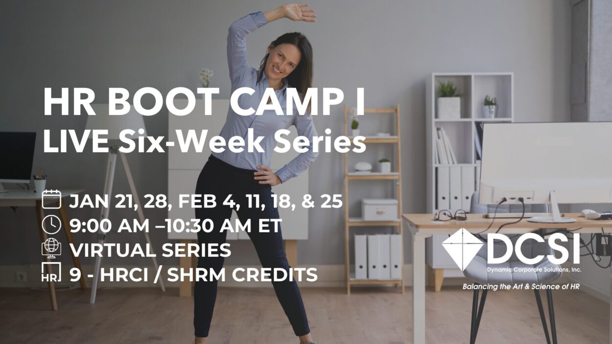 Image of employee stretching in office. HR Boot Camp Series.