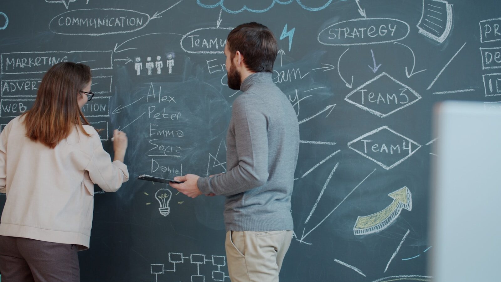 Two people planning HR strategies and projects on a chalkboard with diagrams.
